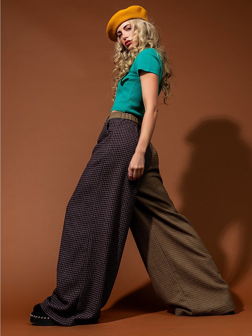 Dressed in LALA Teal Top with Two-Tone Wide Leg Pants and Mustard Beret
